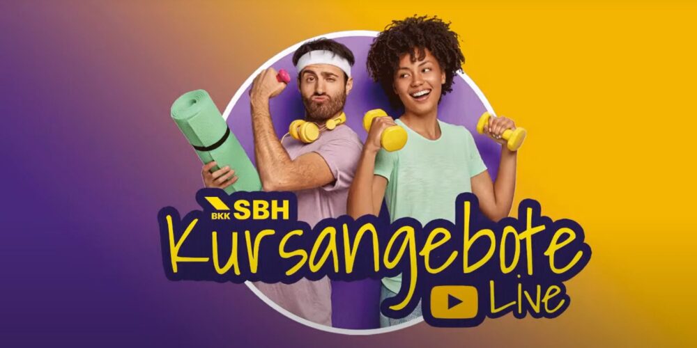 Grafik mit einem Mann und einer Frau und Sportutensilien in der Hand, darüber steht der Text BKK SBH Kursangebote Live