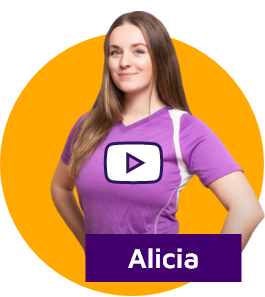 Junge Frau in Fitnesspose mit Namensschild 'Alicia' und einem Play-Icon.